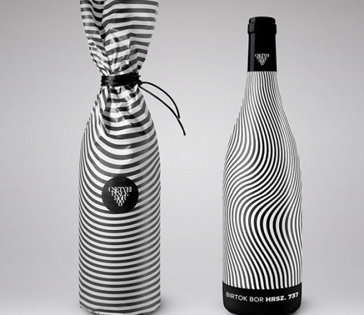 Striking black and white wine package design.