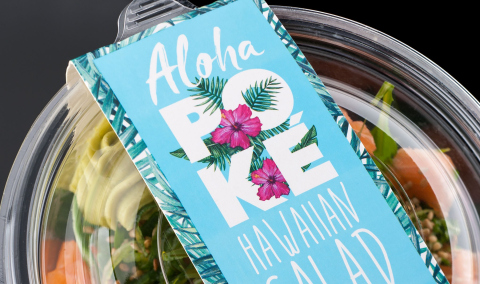 Close up of Aloha Poke packaging design on a poke salad bowl.