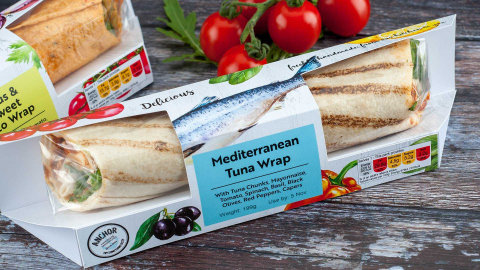 New food packaging design displayed on a Tuna wrap pack.