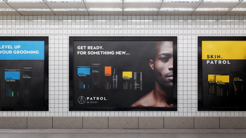 Three underground billboards,  advertising the rebranded product packaging and identity design for 'PATROL'. Strapline says ' Get ready for something new...'