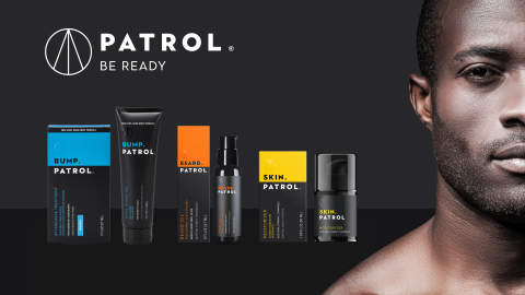 Bump Patrol banner shows retail packaging of three products,  the 'PATROL'  brand logo and a handsome black man to the right.