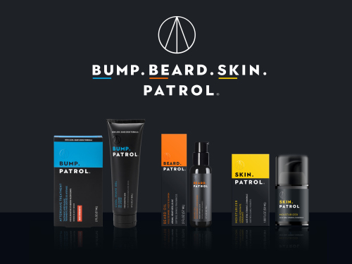 Three 'Patrol' retail packaging types and the brand logo on a black background.